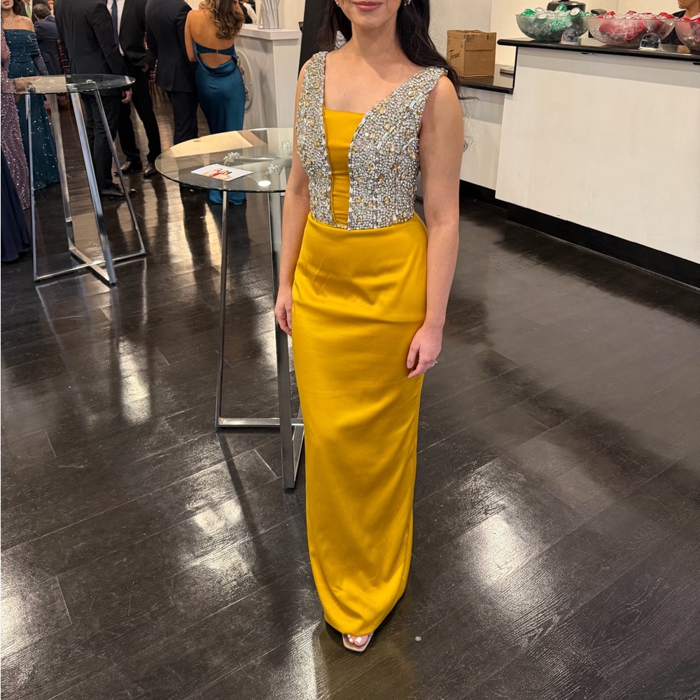 Goddess Yellow Maxi Gown with Silver Beaded Bodice